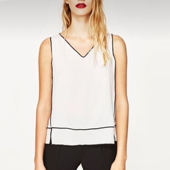 Zara White Neck Top with Contrast Piping Trim Size XS - Picture 1 of 13